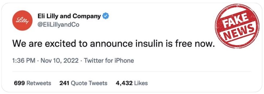 Example of fake news in pharma ppublished by a fake Eli Lilly Twitter account